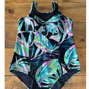 Torrid Womens Wireless Mesh High Neck One Piece Tropical Swimsuit UPF 50 Size 2